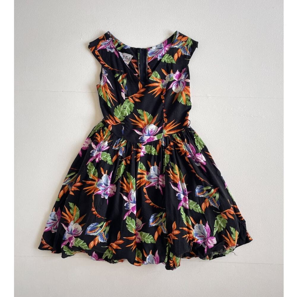 Vtg 80s Tropical Floral Sleeveless Midi Party Dress / ANNA USA / S / Crinoline